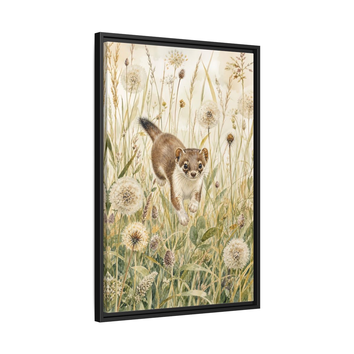 Side Mockup 14. Animals Weasel Weasel Grass Watercolor shown as stretched canvas wall art