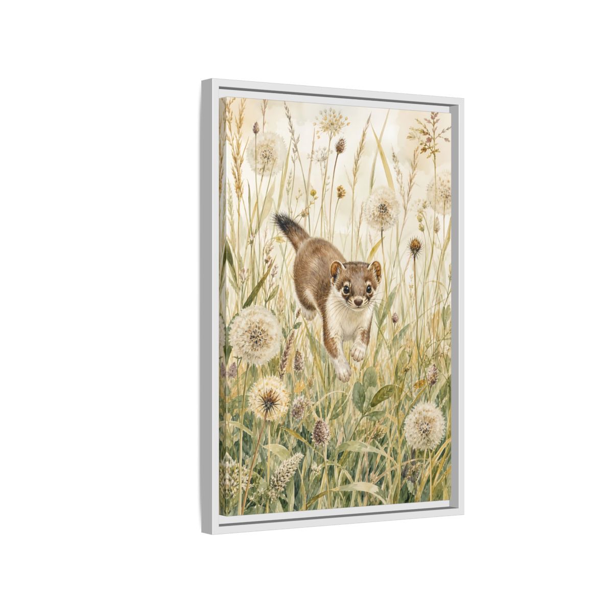 Side Mockup 1. Animals Weasel Weasel Grass Watercolor shown as stretched canvas wall art