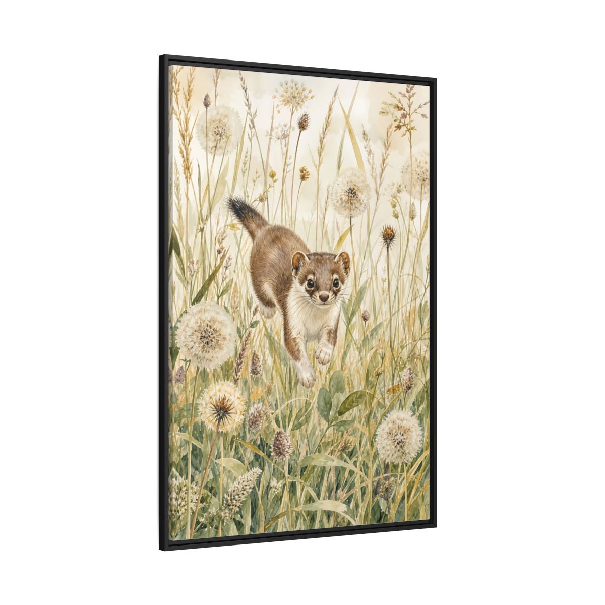 Side Mockup 12. Animals Weasel Weasel Grass Watercolor shown as stretched canvas wall art