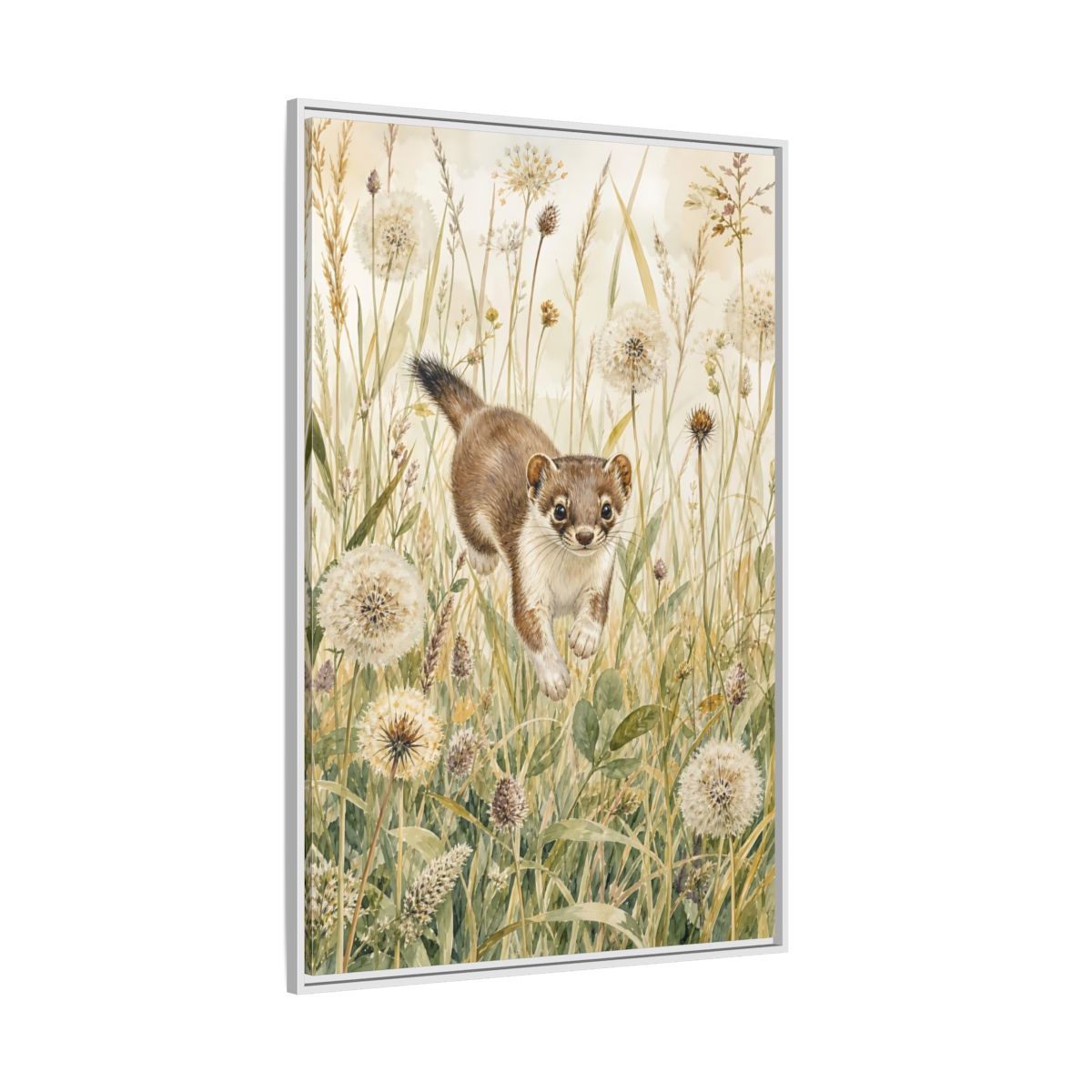 Side Mockup 7. Animals Weasel Weasel Grass Watercolor shown as stretched canvas wall art