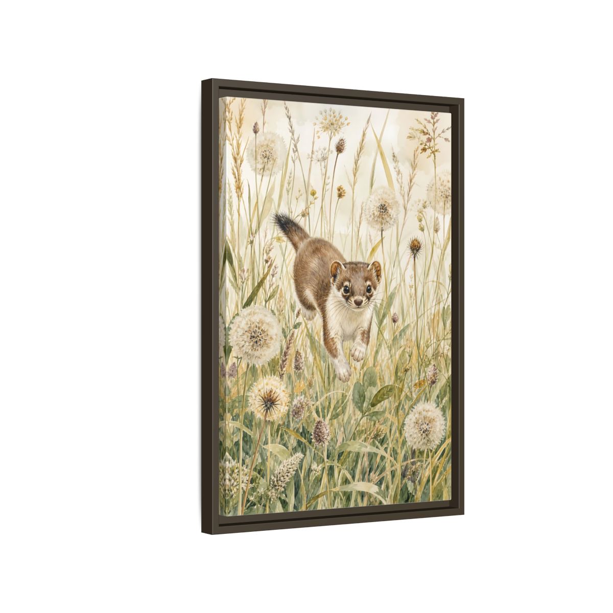 Side Mockup 2. Animals Weasel Weasel Grass Watercolor shown as stretched canvas wall art