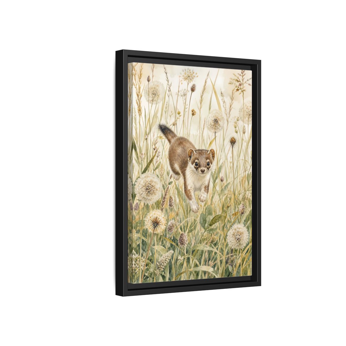 Side Mockup 6. Animals Weasel Weasel Grass Watercolor shown as stretched canvas wall art