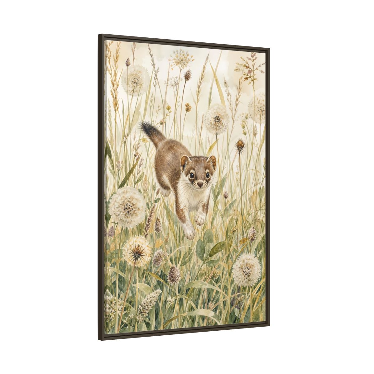 Side Mockup 8. Animals Weasel Weasel Grass Watercolor shown as stretched canvas wall art