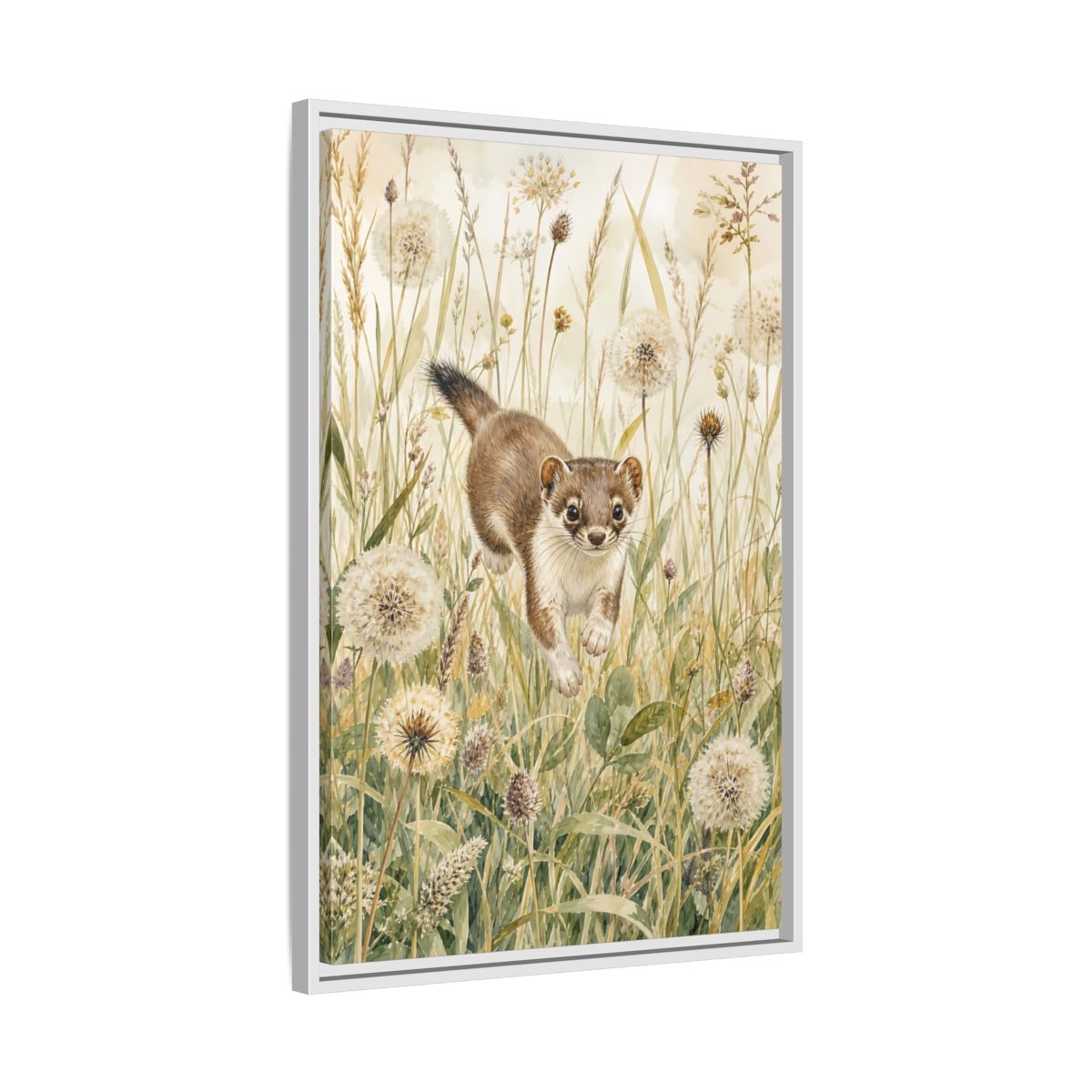 Side Mockup 10. Animals Weasel Weasel Grass Watercolor shown as stretched canvas wall art
