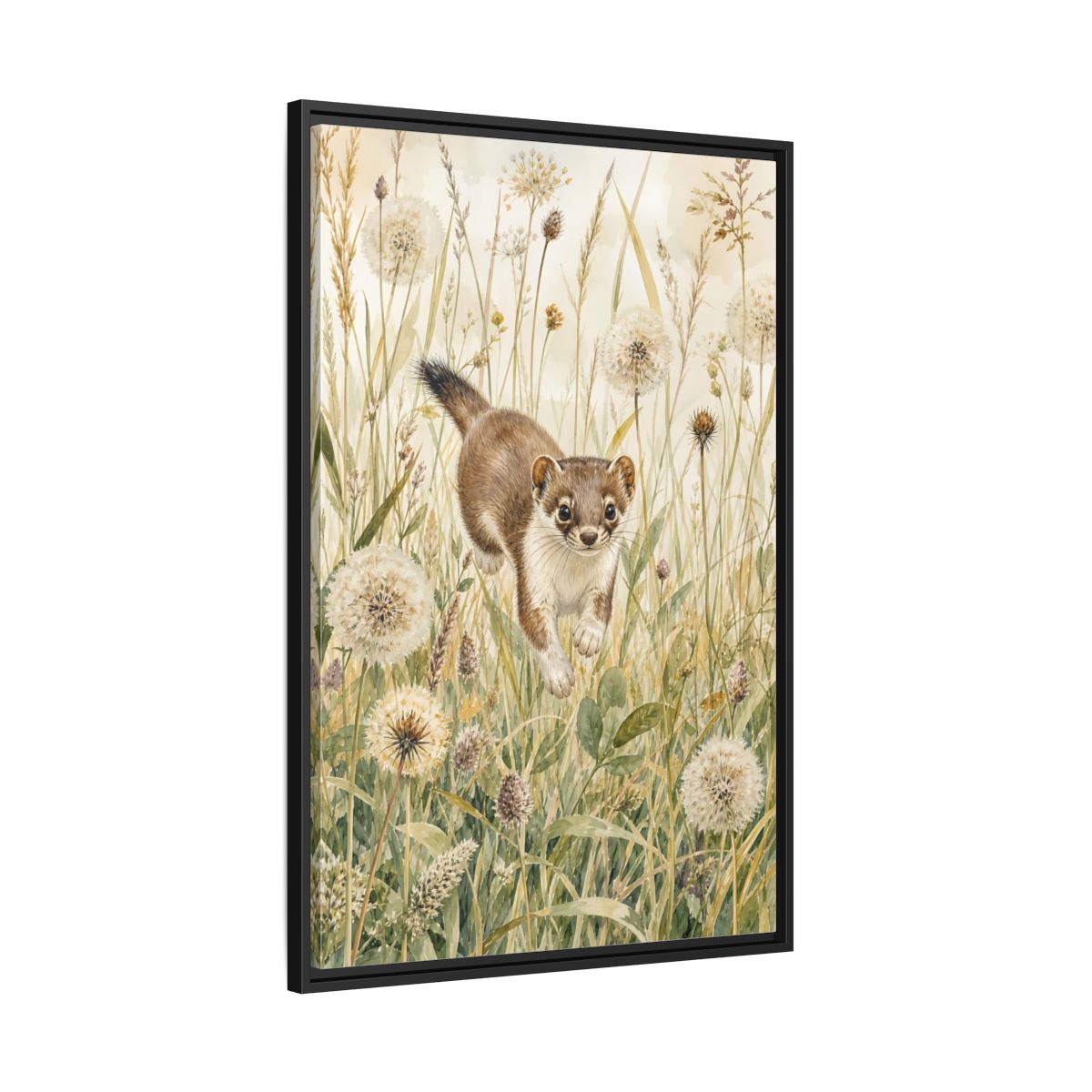 Side Mockup 13. Animals Weasel Weasel Grass Watercolor shown as stretched canvas wall art