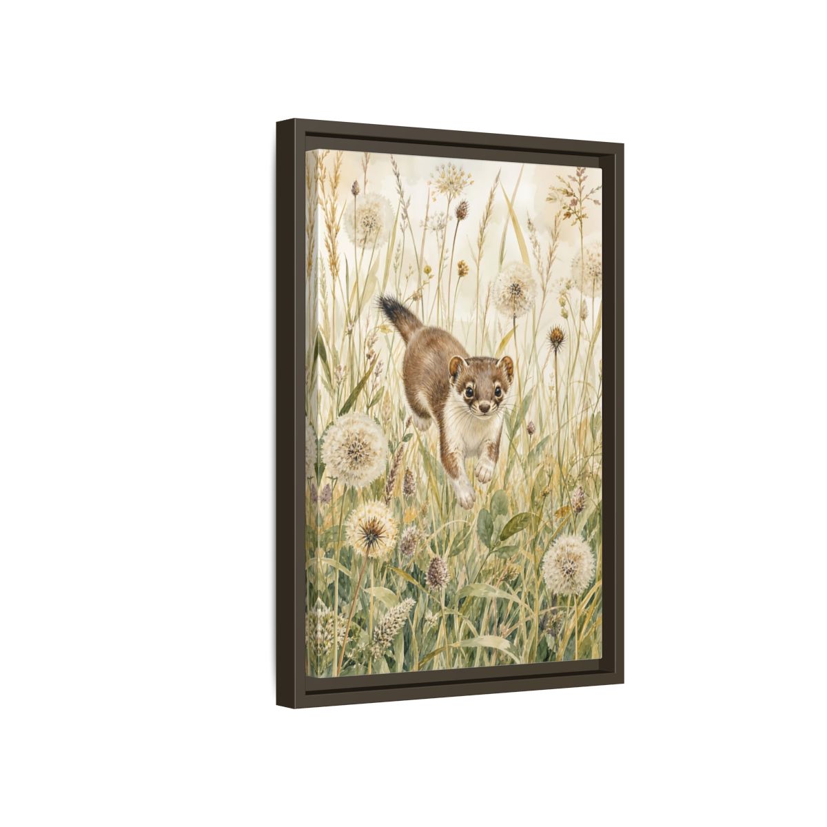 Side Mockup 5. Animals Weasel Weasel Grass Watercolor shown as stretched canvas wall art