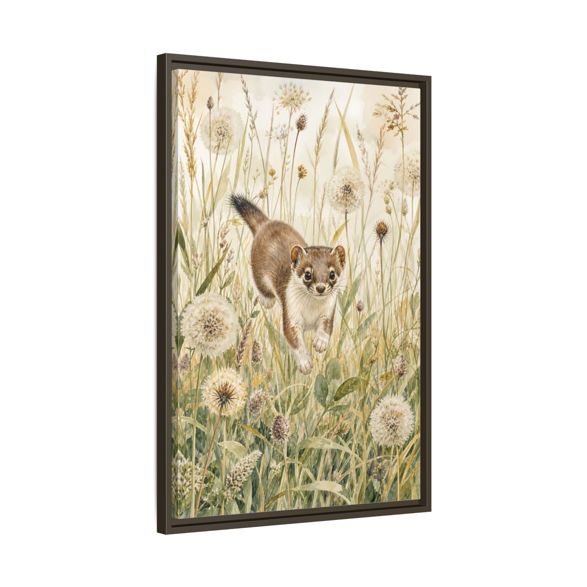 Side Mockup 11. Animals Weasel Weasel Grass Watercolor shown as stretched canvas wall art