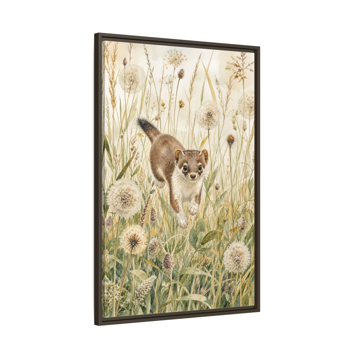 Main Mockup. Animals Weasel Weasel Grass Watercolor shown as stretched canvas wall art