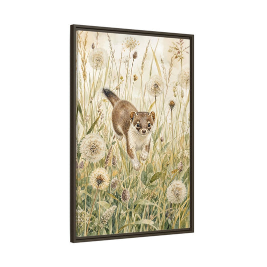 Main Mockup. Animals Weasel Weasel Grass Watercolor shown as stretched canvas wall art