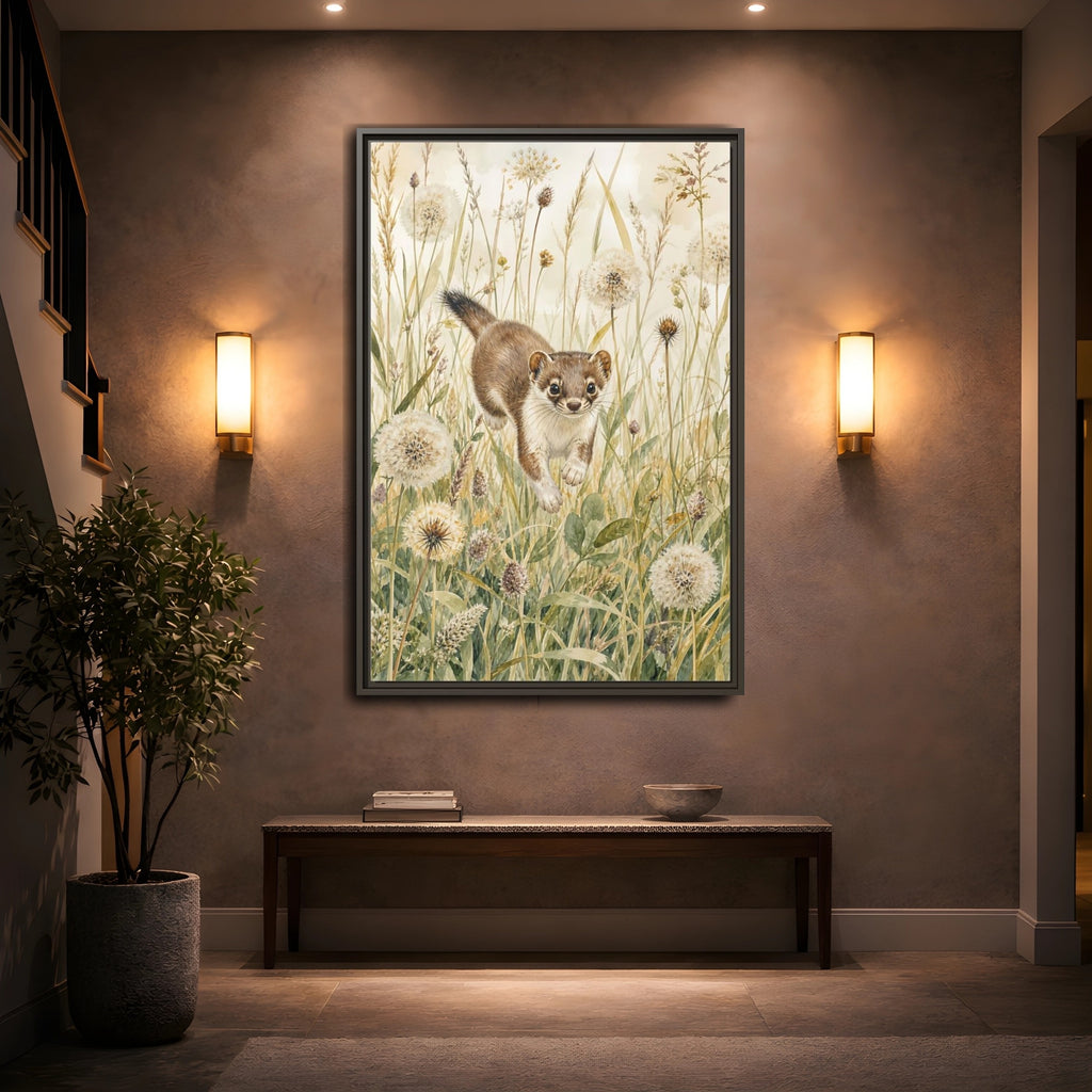 Mockup 2. Animals Weasel Weasel Grass Watercolor shown as stretched canvas wall art