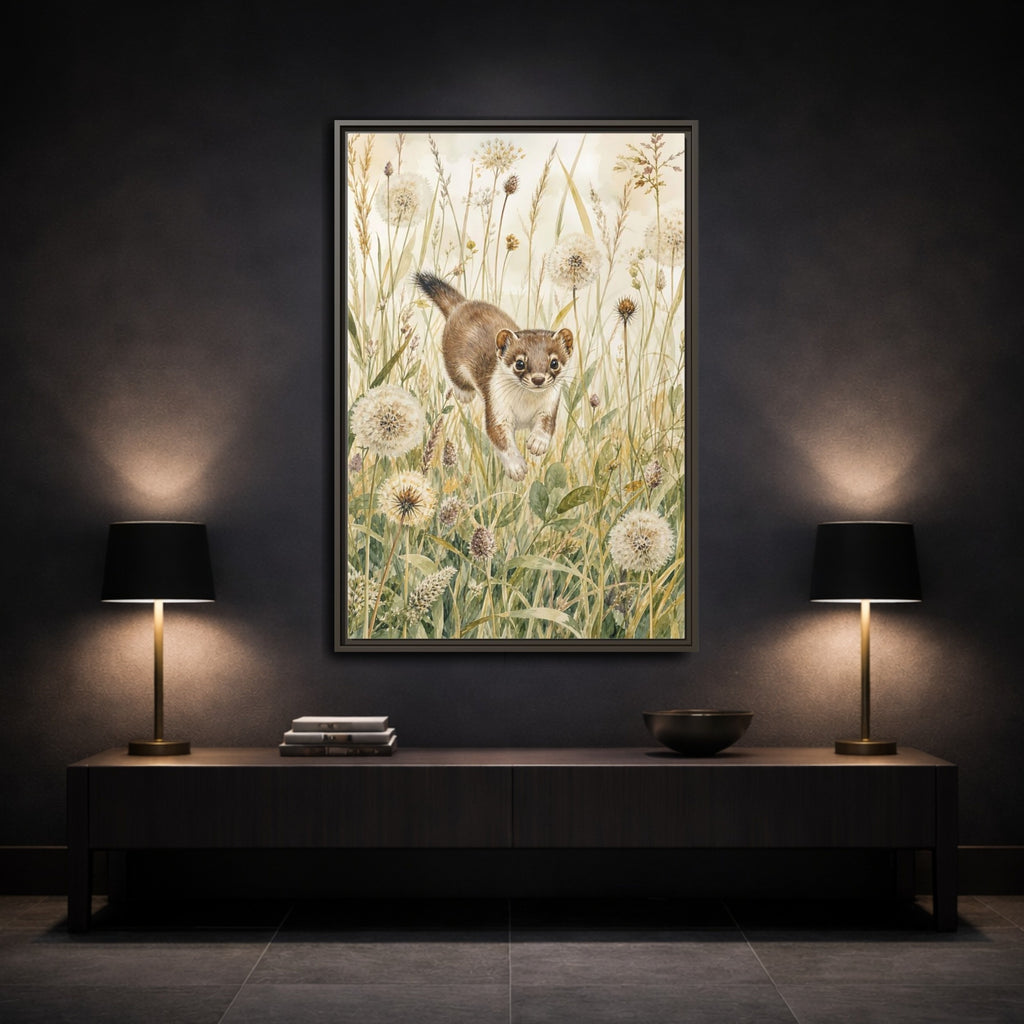 Mockup 3. Animals Weasel Weasel Grass Watercolor shown as stretched canvas wall art