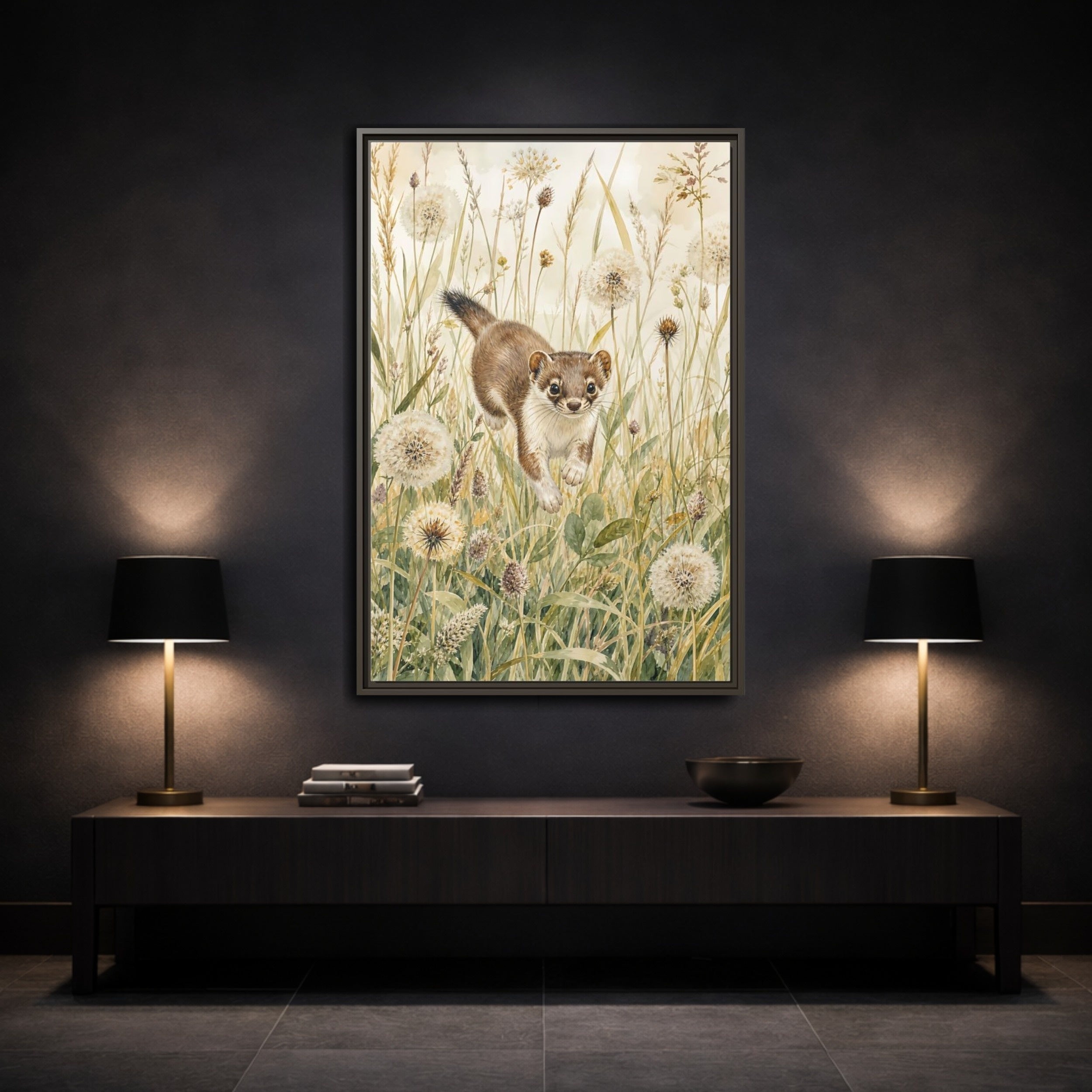 Mockup 3. Animals Weasel Weasel Grass Watercolor shown as stretched canvas wall art