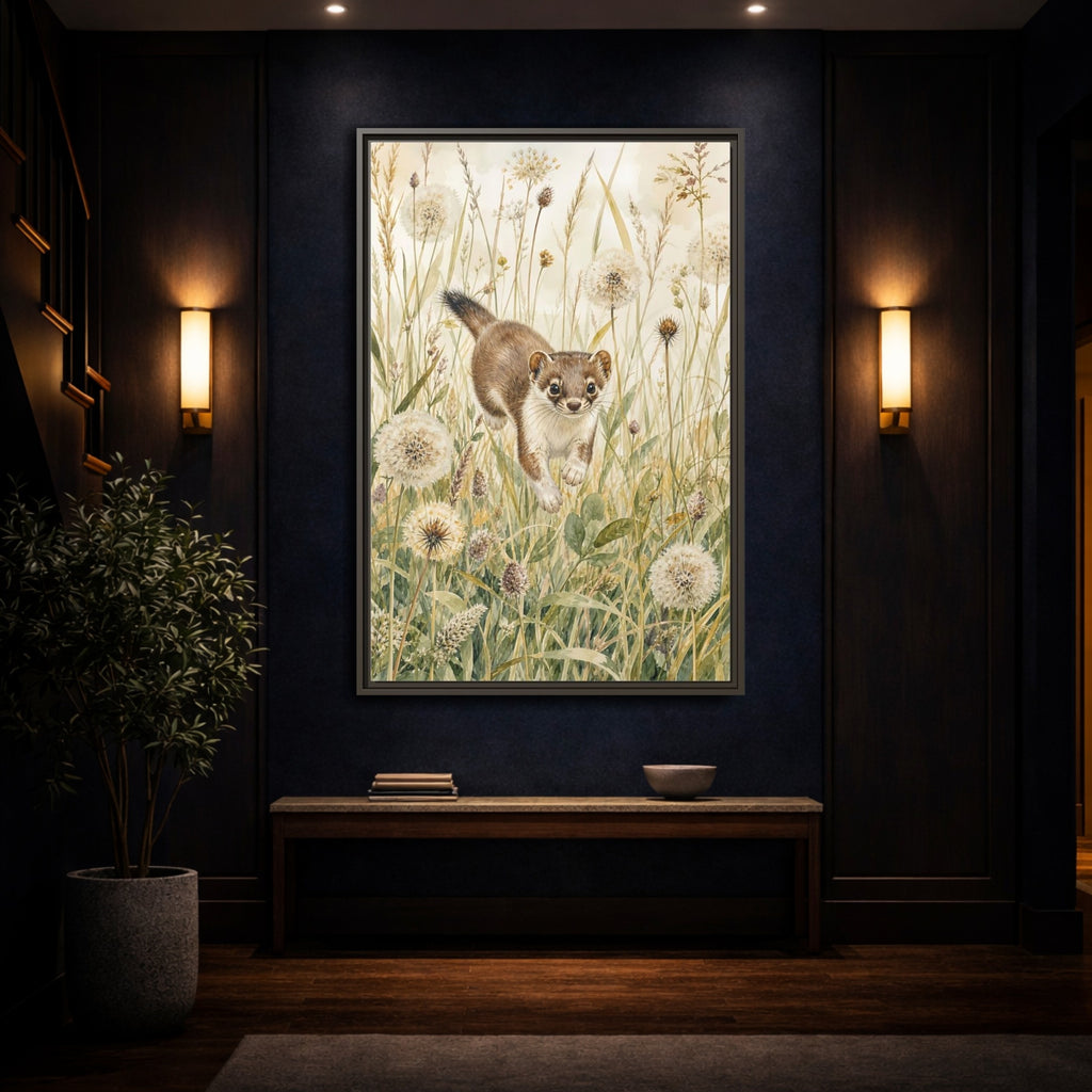 Mockup 4. Animals Weasel Weasel Grass Watercolor shown as stretched canvas wall art