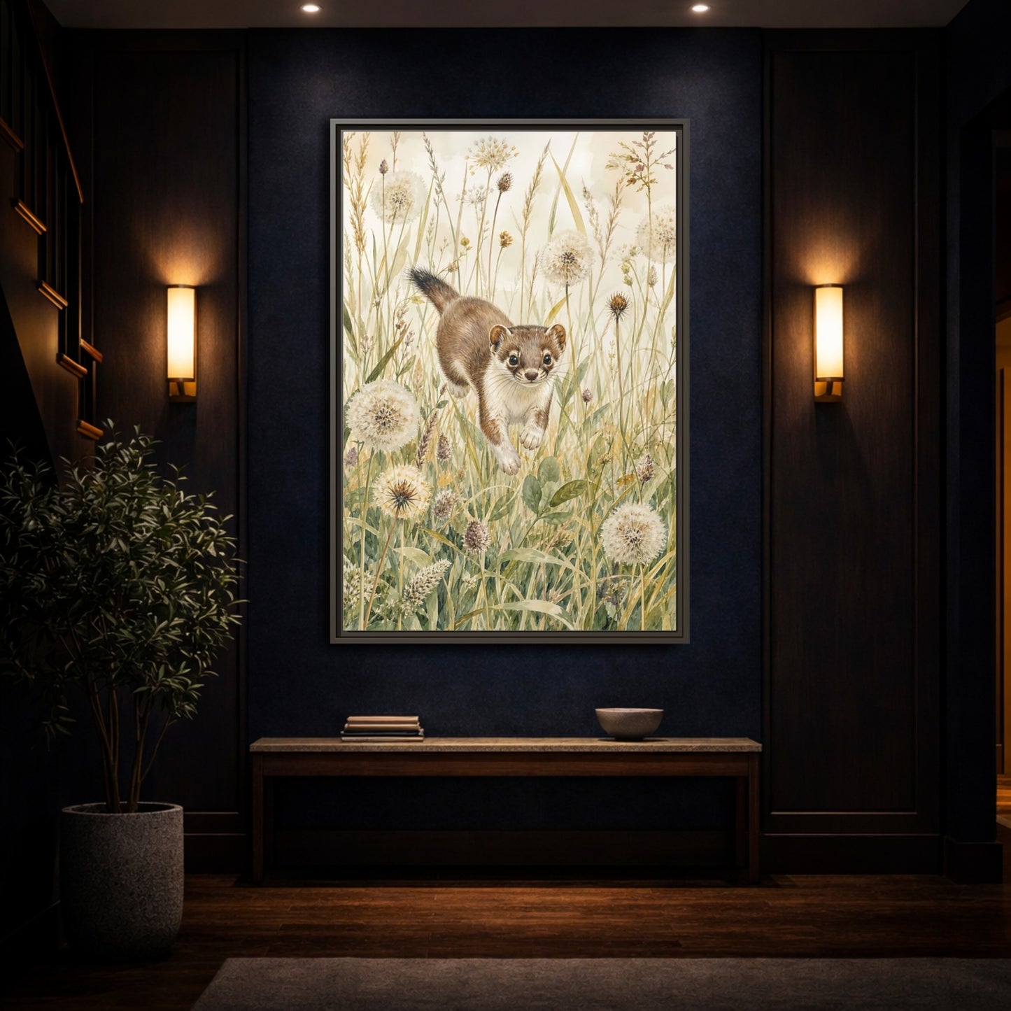 Mockup 4. Animals Weasel Weasel Grass Watercolor shown as stretched canvas wall art