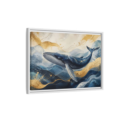 Side Mockup 1. Animals Whale Blue Gold Whale shown as stretched canvas wall art
