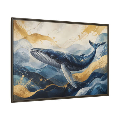 Side Mockup 8. Animals Whale Blue Gold Whale shown as stretched canvas wall art