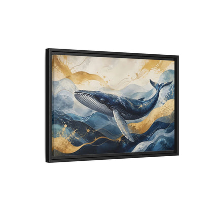 Side Mockup 3. Animals Whale Blue Gold Whale shown as stretched canvas wall art