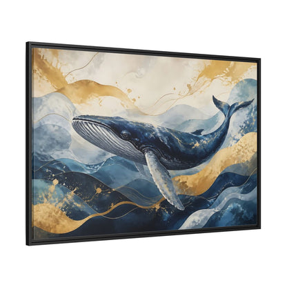 Side Mockup 12. Animals Whale Blue Gold Whale shown as stretched canvas wall art