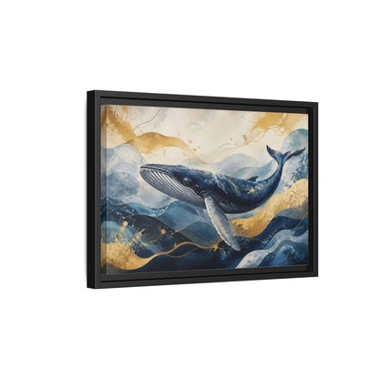 Side Mockup 6. Animals Whale Blue Gold Whale shown as stretched canvas wall art