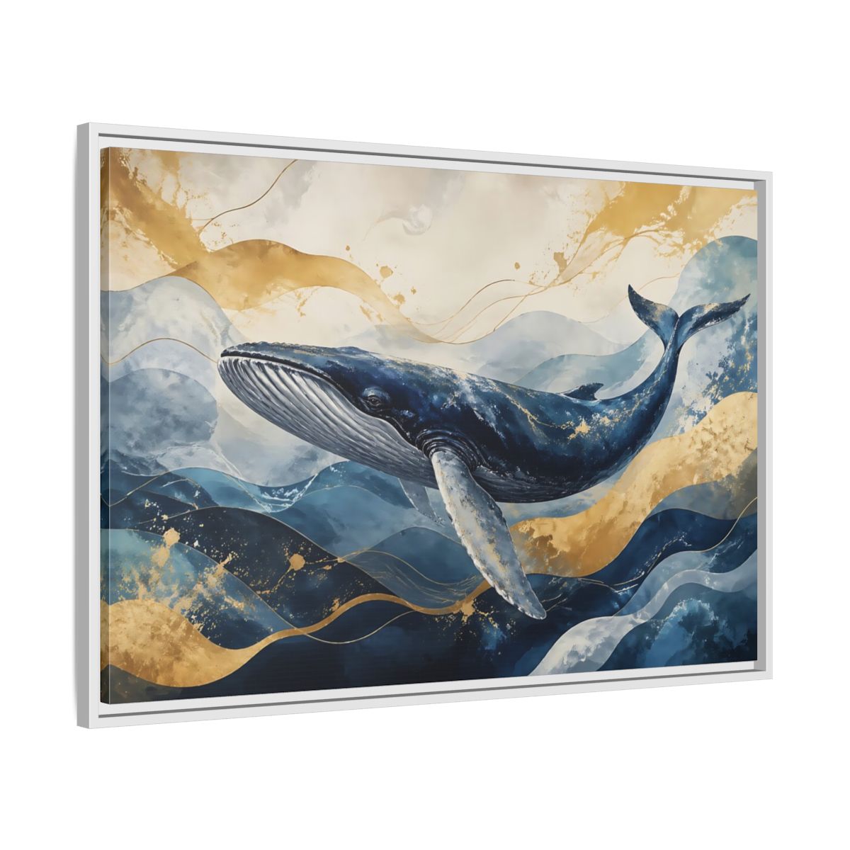 Side Mockup 9. Animals Whale Blue Gold Whale shown as stretched canvas wall art