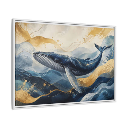 Side Mockup 9. Animals Whale Blue Gold Whale shown as stretched canvas wall art