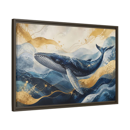 Side Mockup 11. Animals Whale Blue Gold Whale shown as stretched canvas wall art