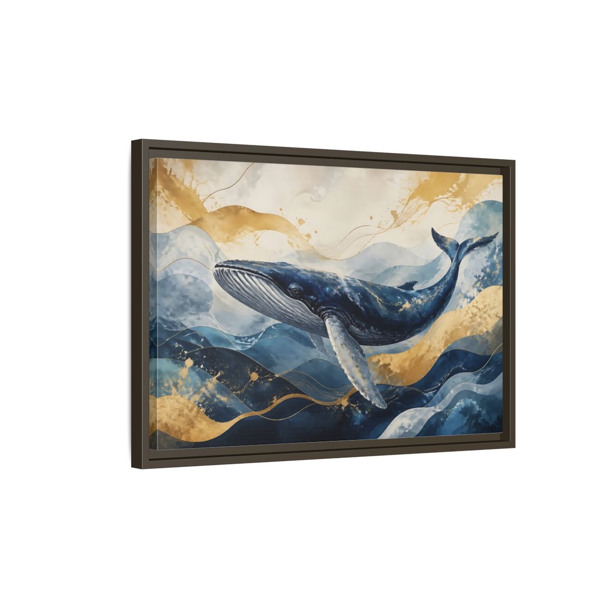 Side Mockup 2. Animals Whale Blue Gold Whale shown as stretched canvas wall art