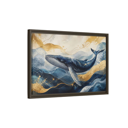 Side Mockup 2. Animals Whale Blue Gold Whale shown as stretched canvas wall art