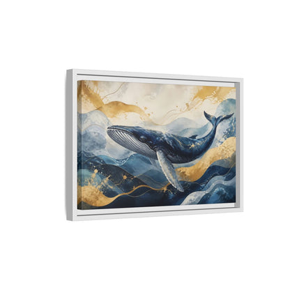 Side Mockup 4. Animals Whale Blue Gold Whale shown as stretched canvas wall art