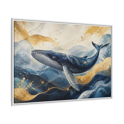 Side Mockup 7. Animals Whale Blue Gold Whale shown as stretched canvas wall art