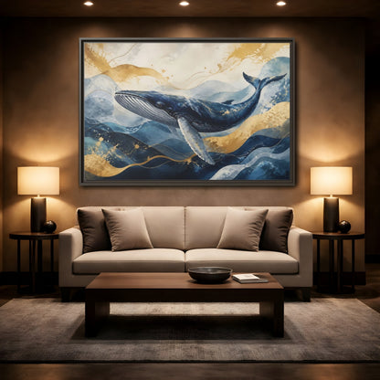 Mockup 2. Animals Whale Blue Gold Whale shown as stretched canvas wall art