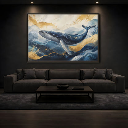 Mockup 3. Animals Whale Blue Gold Whale shown as stretched canvas wall art