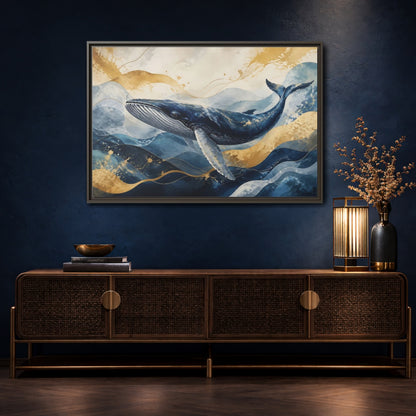 Mockup 4. Animals Whale Blue Gold Whale shown as stretched canvas wall art