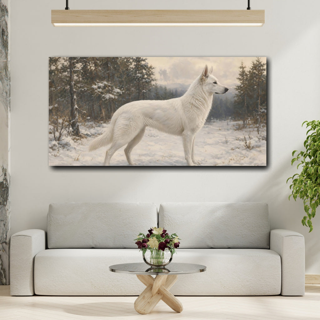 Mockup 2. Animals White Dog White Dog Winter shown as stretched canvas wall art