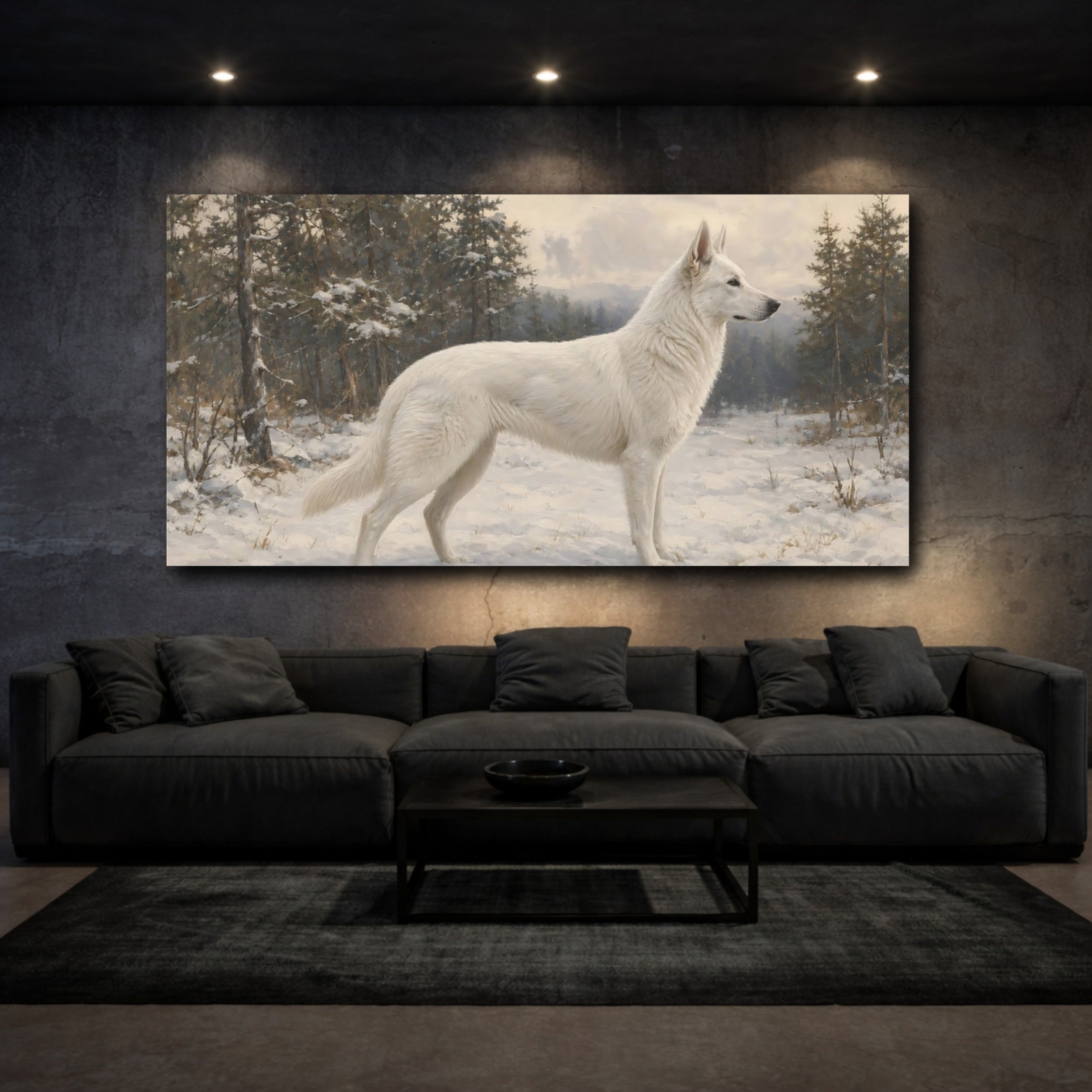 Mockup 3. Animals White Dog White Dog Winter shown as stretched canvas wall art