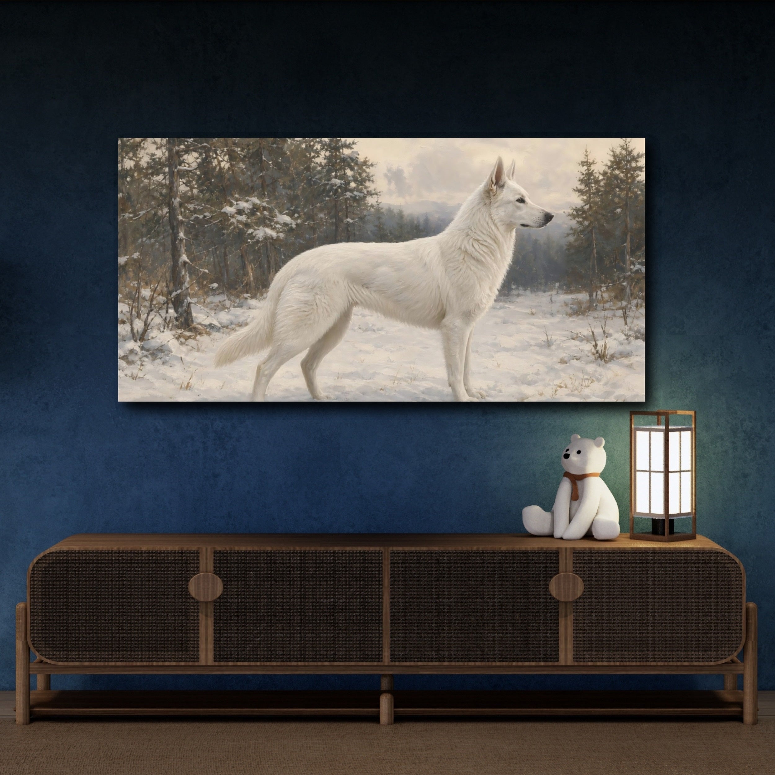 Mockup 4. Animals White Dog White Dog Winter shown as stretched canvas wall art
