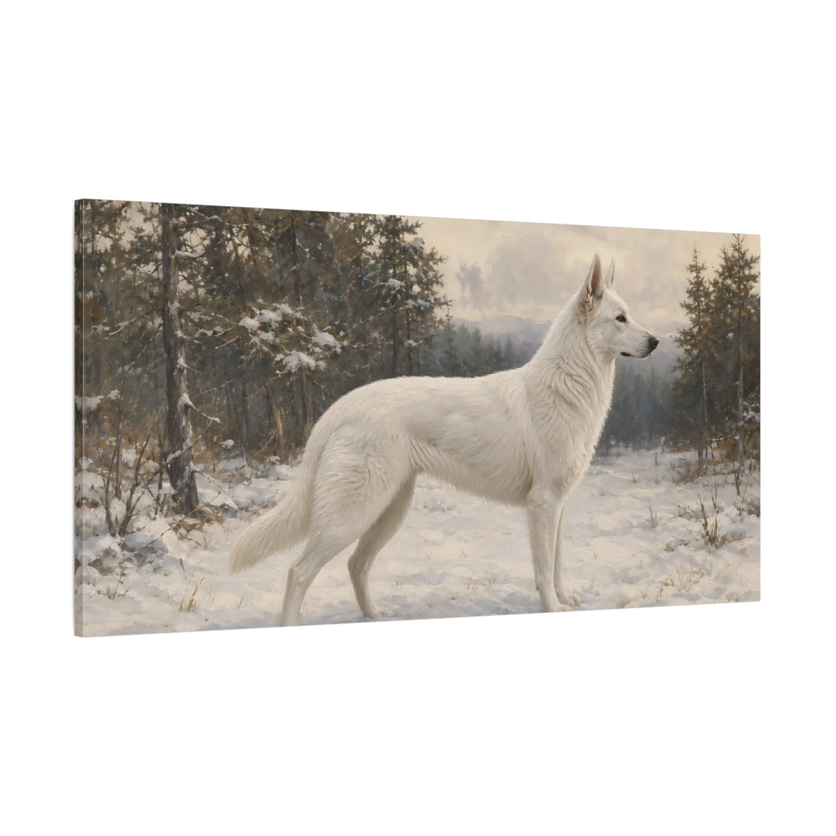 Side Mockup 2. Animals White Dog White Dog Winter shown as stretched canvas wall art