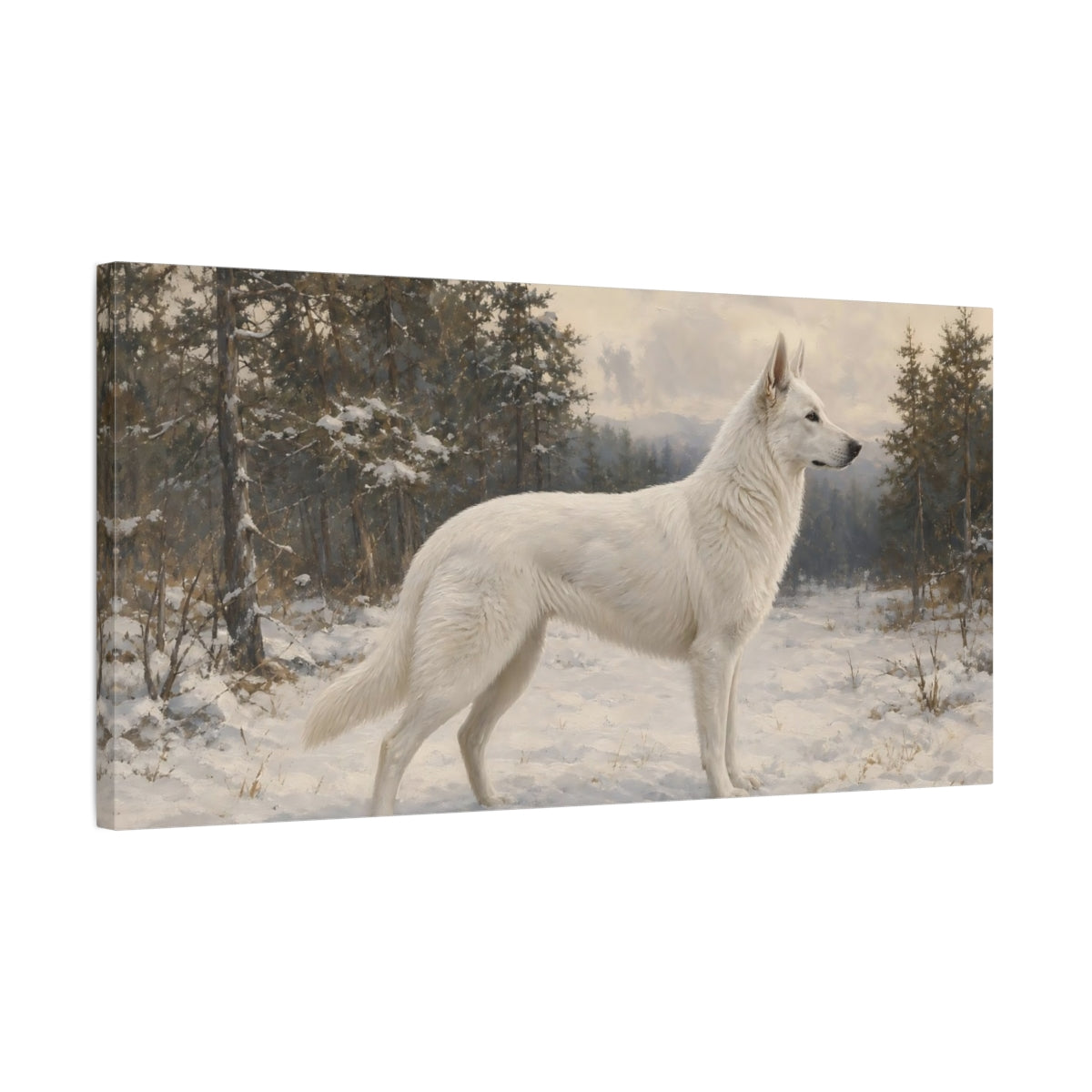 Side Mockup 1. Animals White Dog White Dog Winter shown as stretched canvas wall art