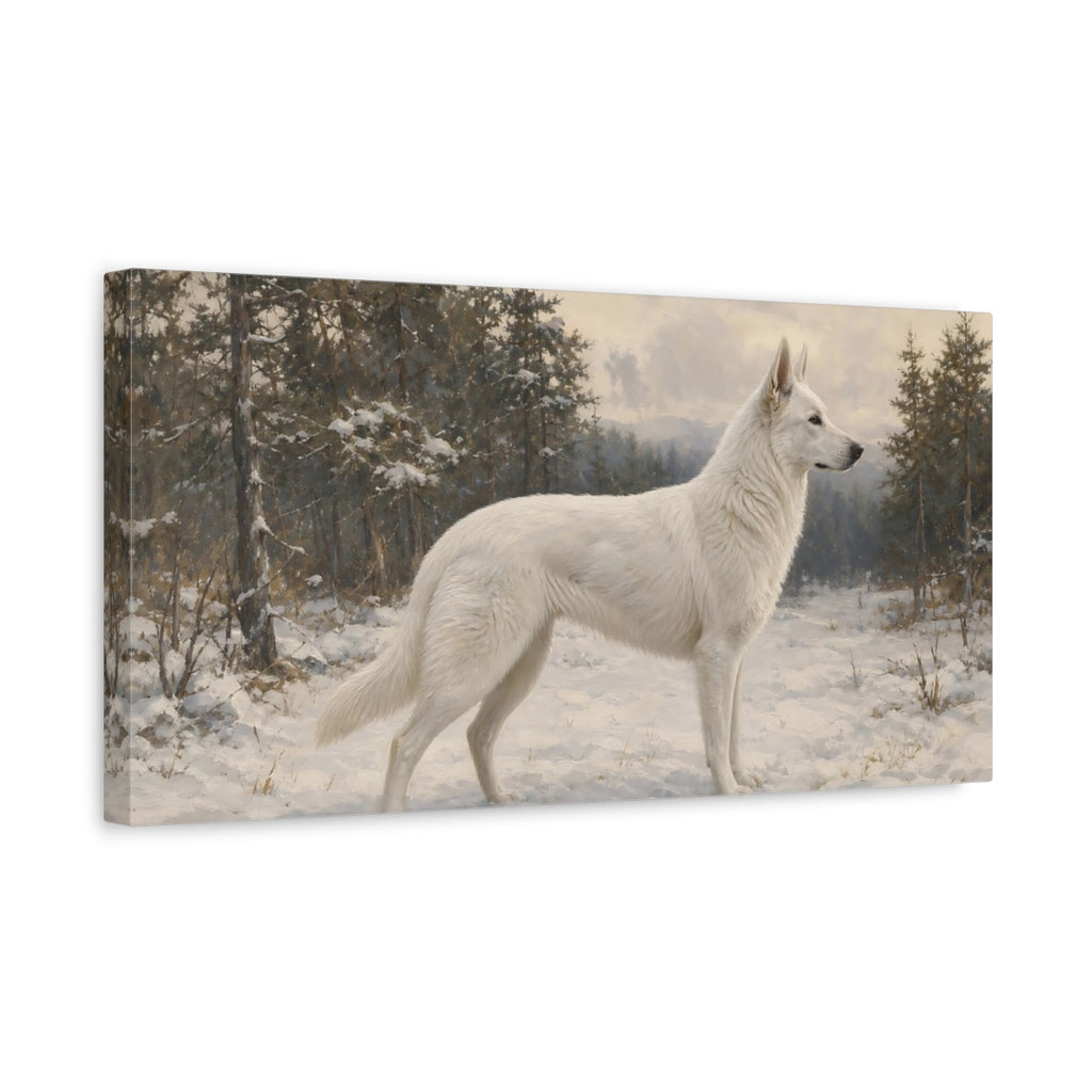 Side Mockup 3. Animals White Dog White Dog Winter shown as stretched canvas wall art