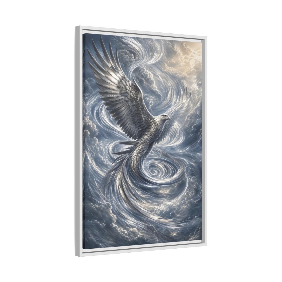 Side Mockup 10. Animals White Eagle White Eagle Gray Blue shown as stretched canvas wall art