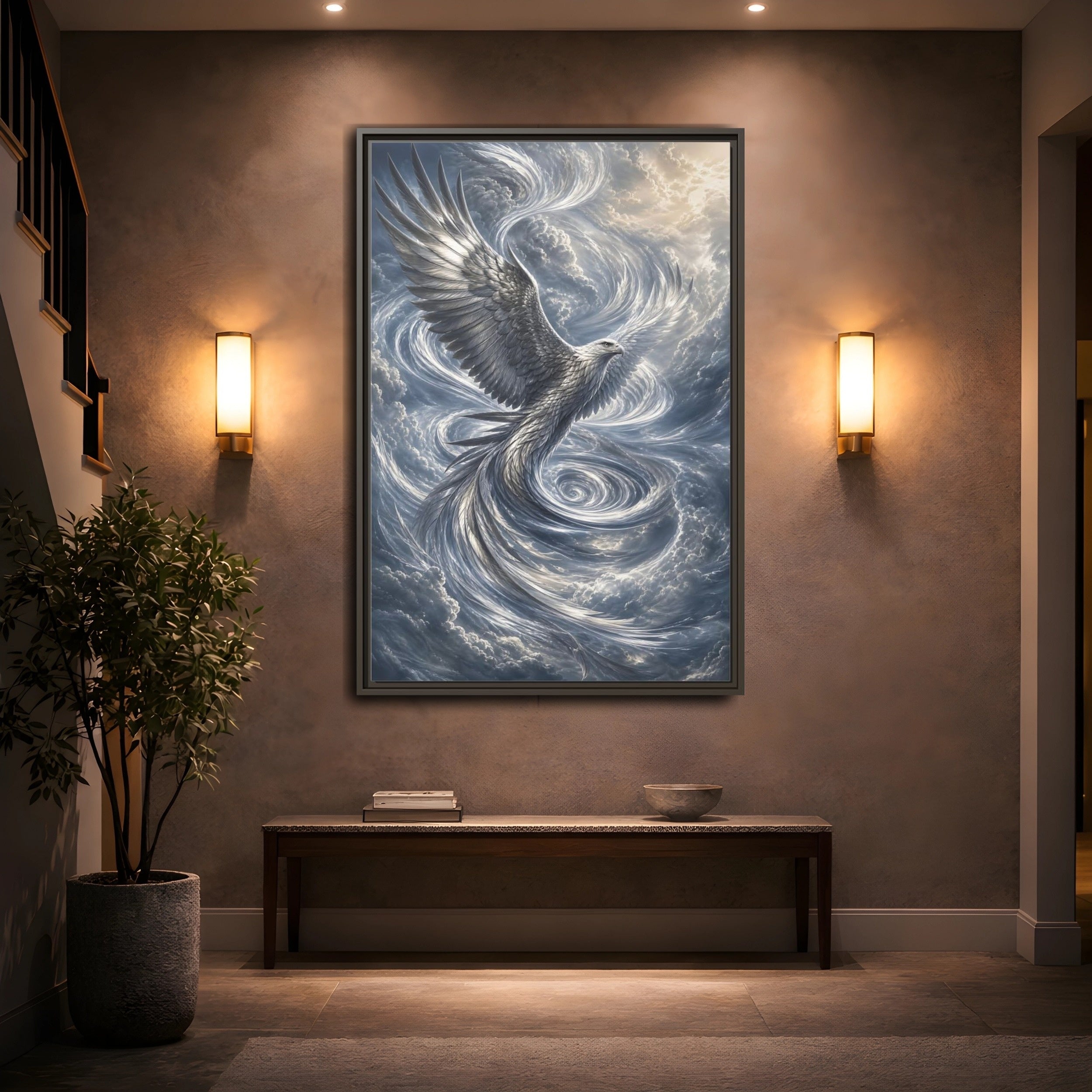 Mockup 2. Animals White Eagle White Eagle Gray Blue shown as stretched canvas wall art