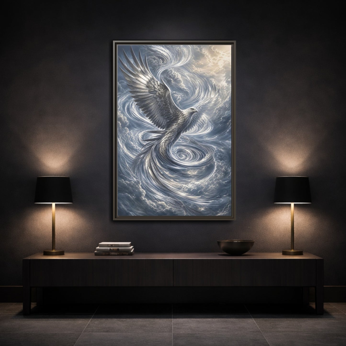 Mockup 3. Animals White Eagle White Eagle Gray Blue shown as stretched canvas wall art