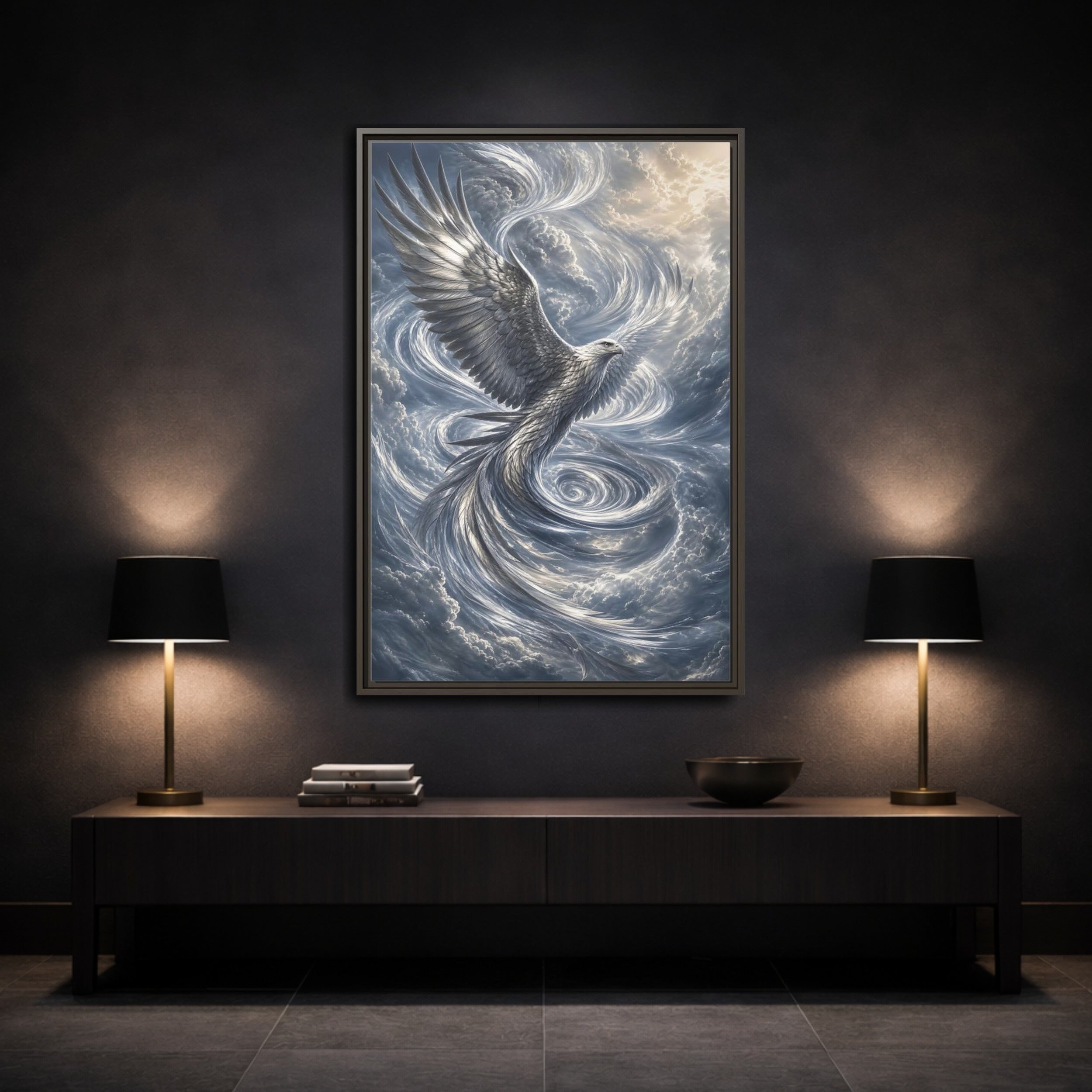 Mockup 3. Animals White Eagle White Eagle Gray Blue shown as stretched canvas wall art