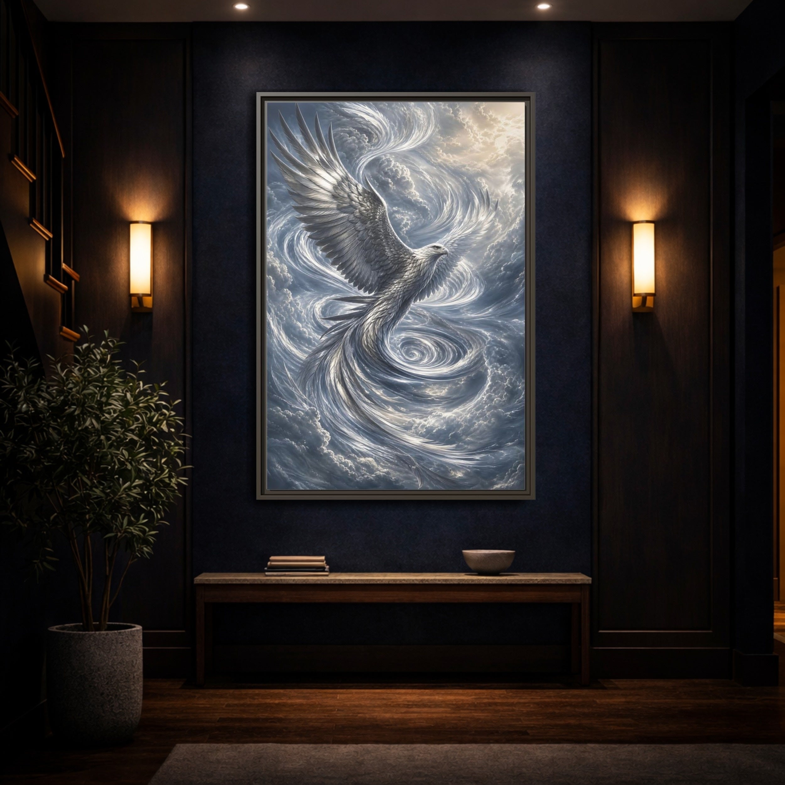 Mockup 4. Animals White Eagle White Eagle Gray Blue shown as stretched canvas wall art