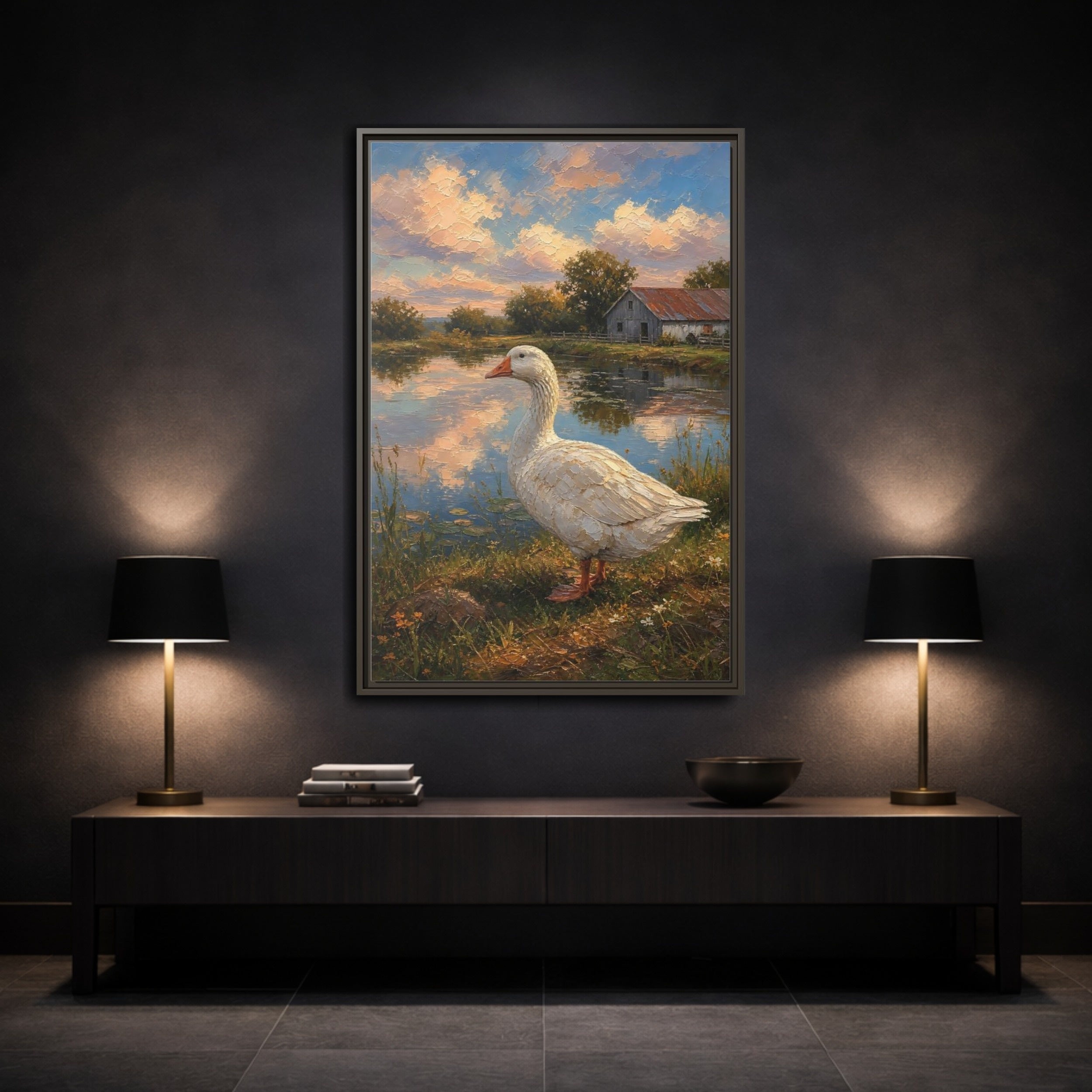 Mockup 3. Animals White Goose Farmhouse Goose shown as stretched canvas wall art