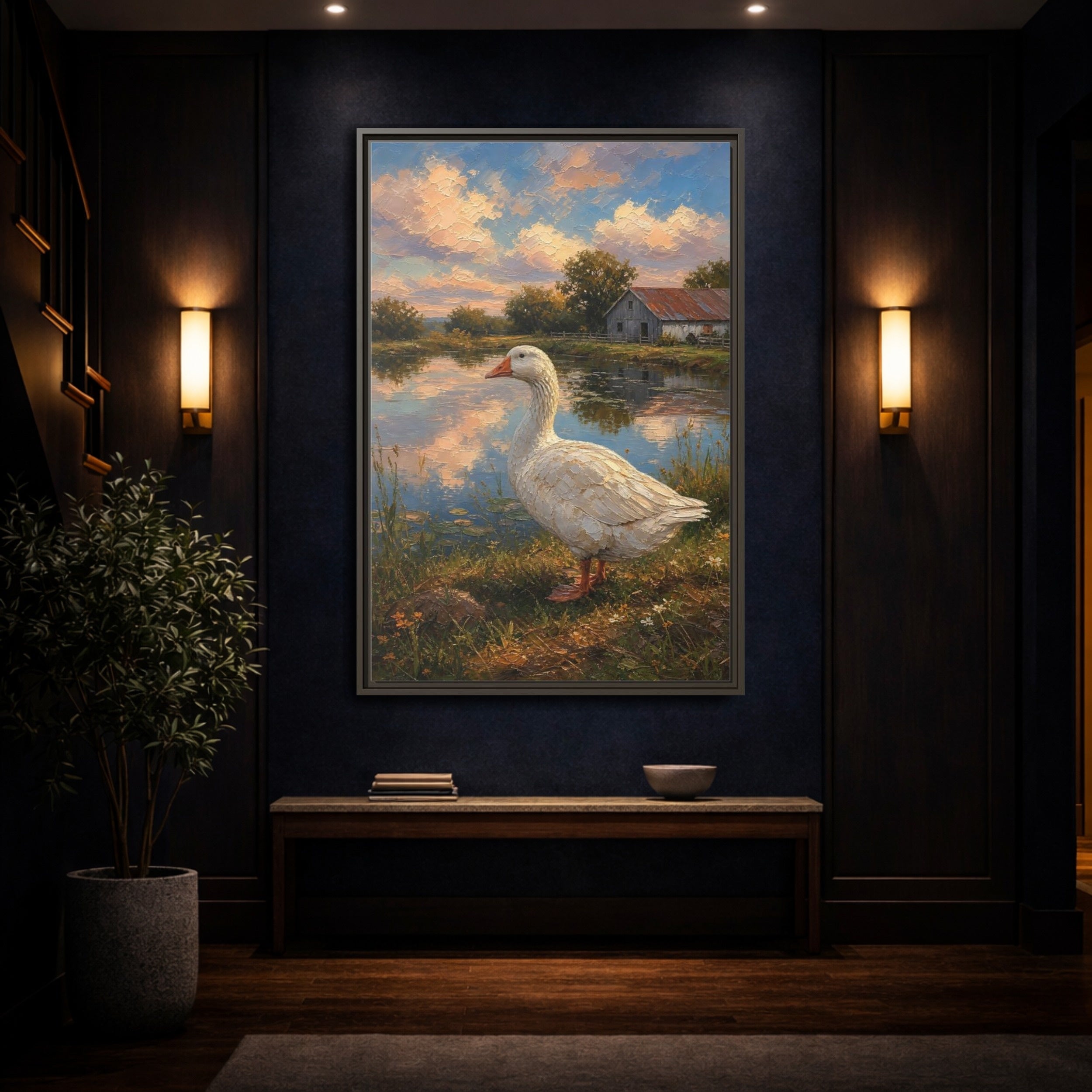Mockup 4. Animals White Goose Farmhouse Goose shown as stretched canvas wall art
