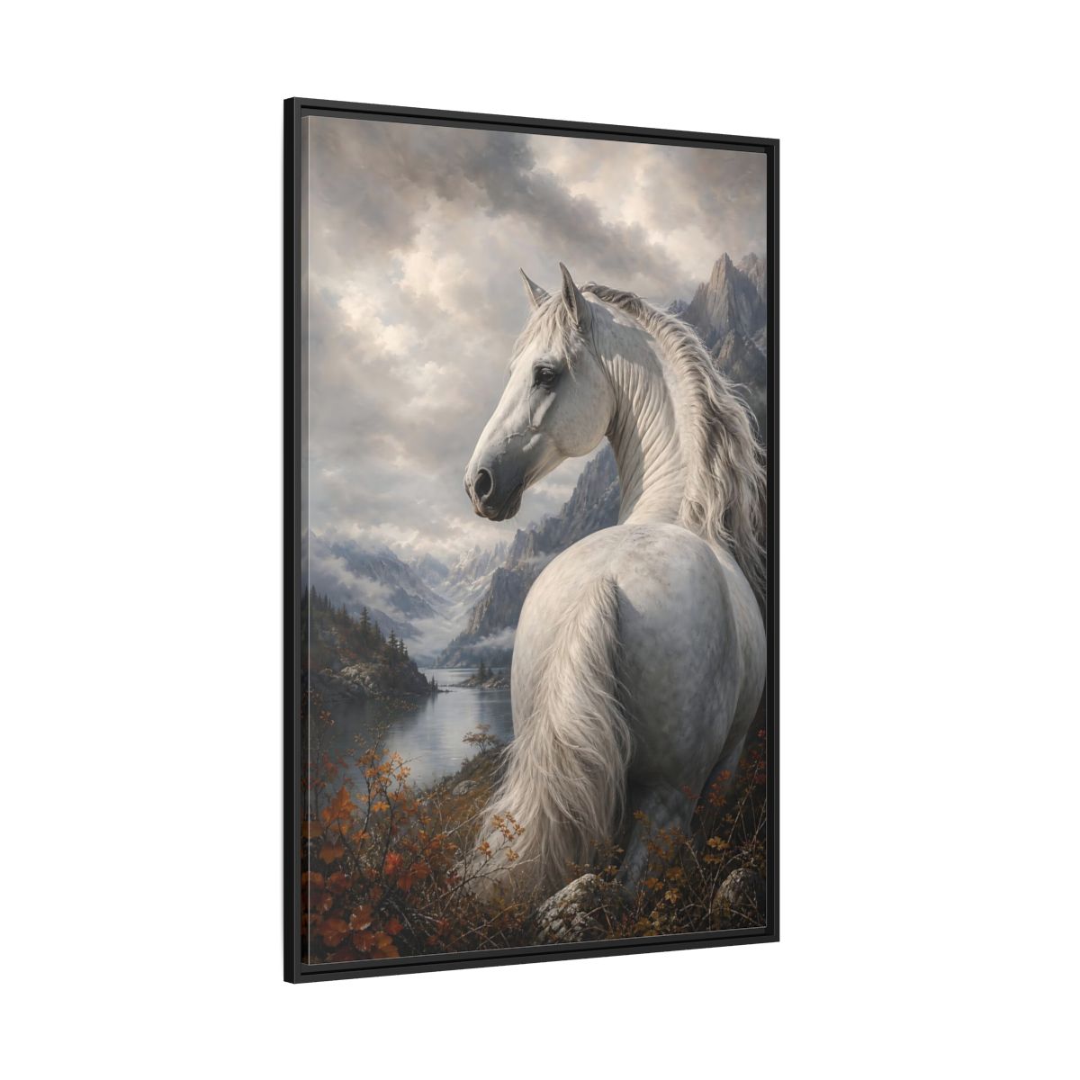 Side Mockup 12. Animals White Horse White Horse Landscape shown as stretched canvas wall art