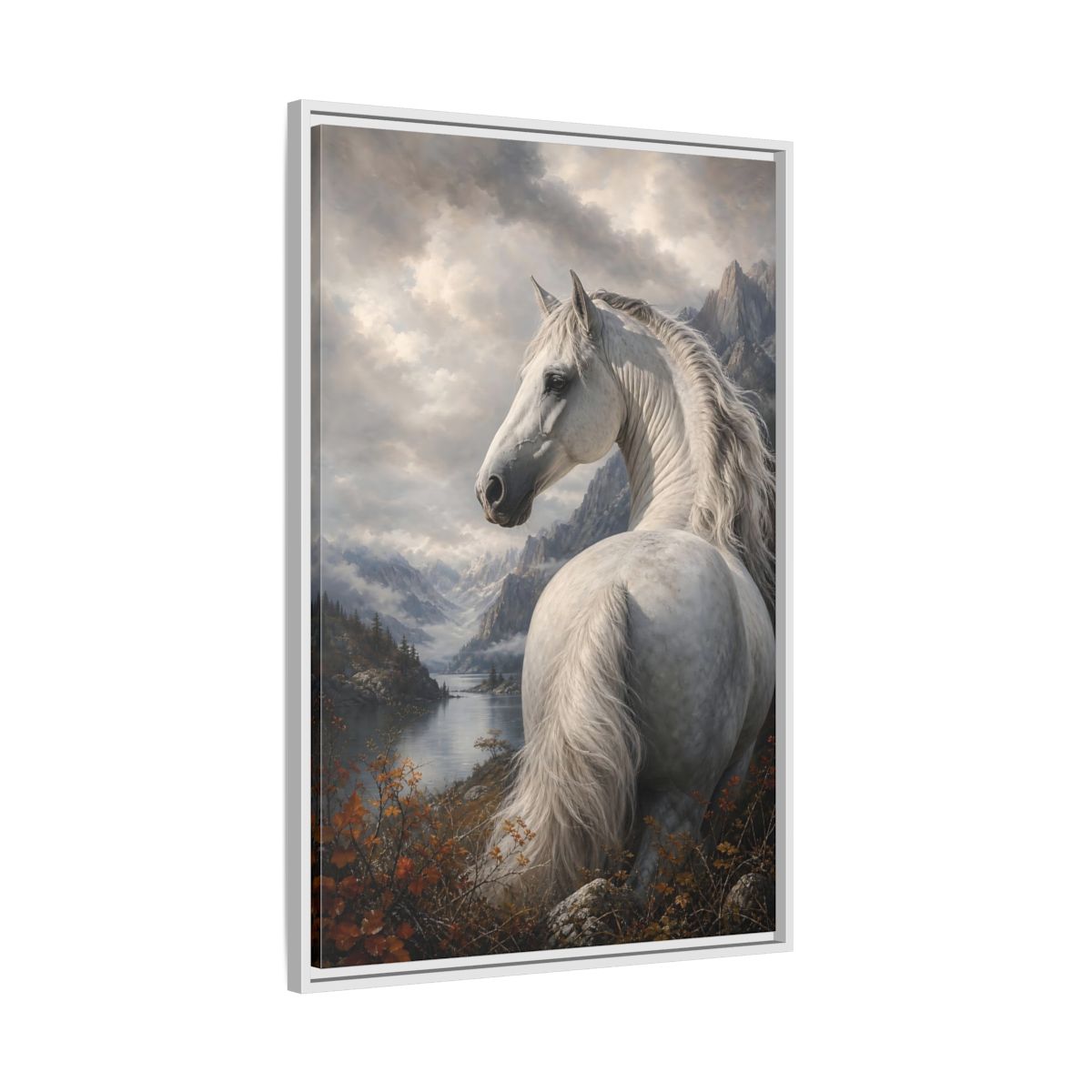Side Mockup 9. Animals White Horse White Horse Landscape shown as stretched canvas wall art