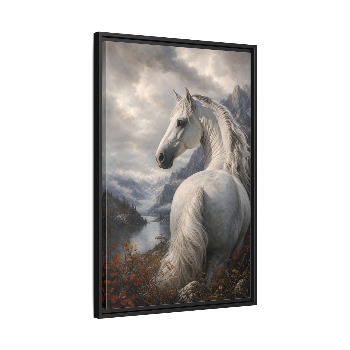 Side Mockup 14. Animals White Horse White Horse Landscape shown as stretched canvas wall art