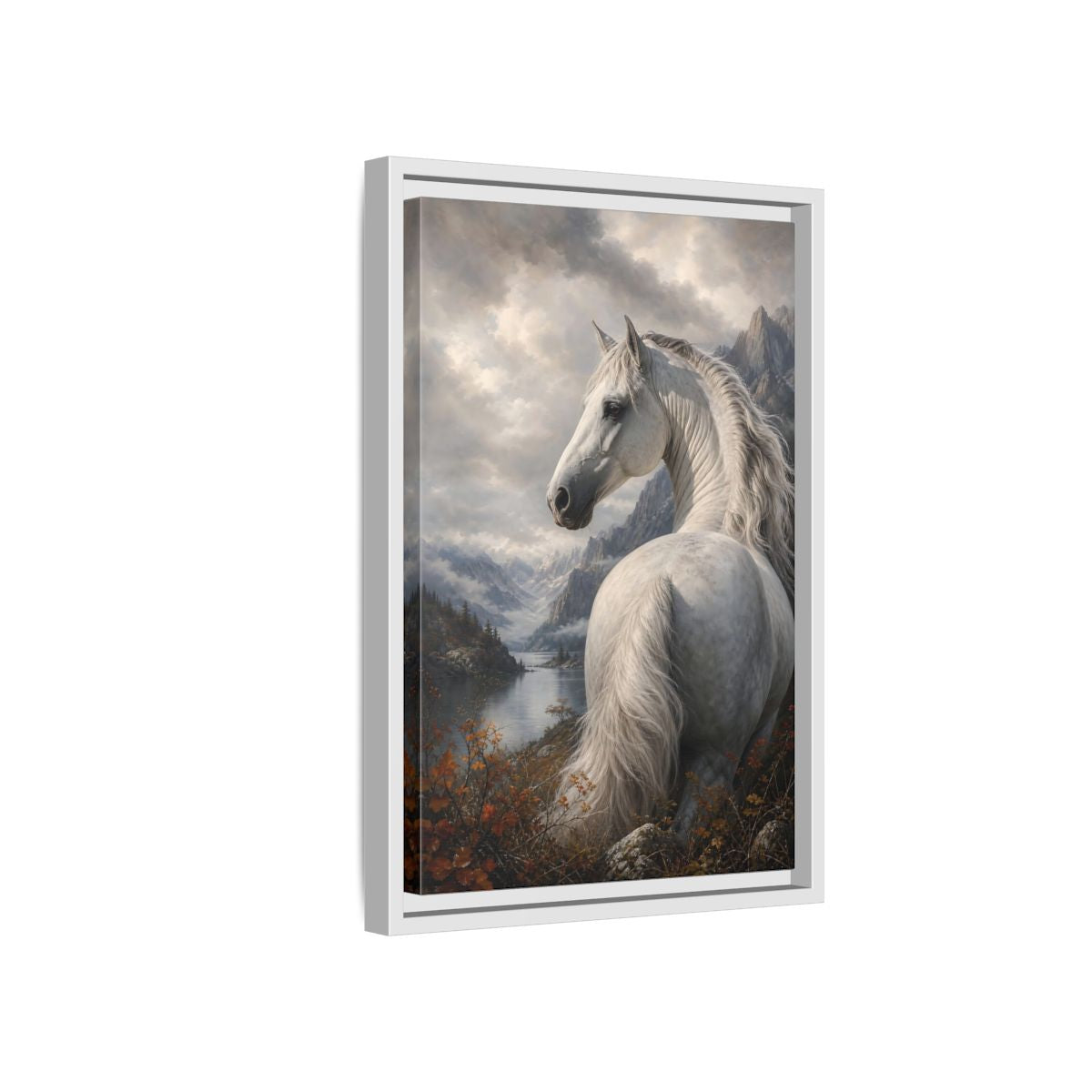 Side Mockup 4. Animals White Horse White Horse Landscape shown as stretched canvas wall art